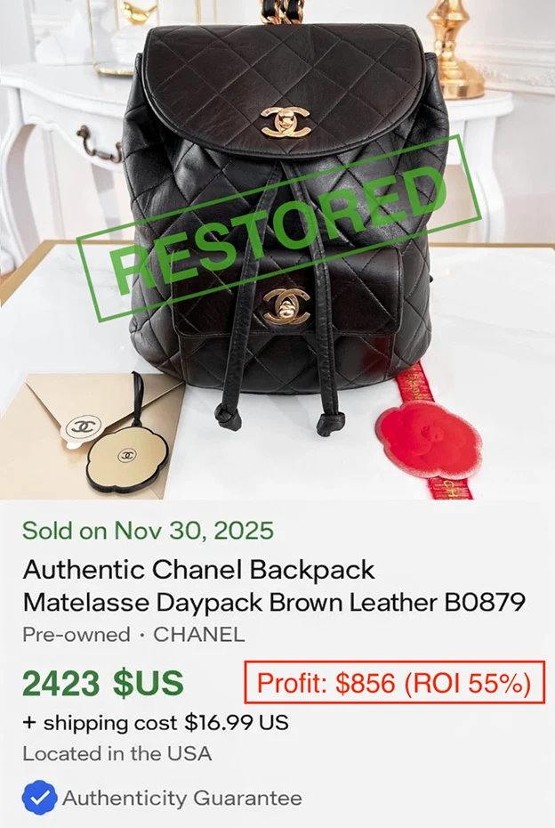 Restored Chanel backpack sold listing